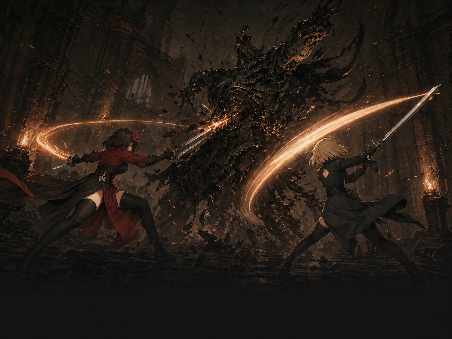 Nyra and Jiny finish a boss with precise intent